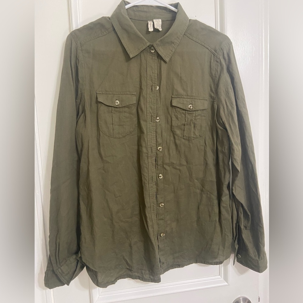 Japna Army Green Women's Large Long Sleeve Collared Button Down EUC